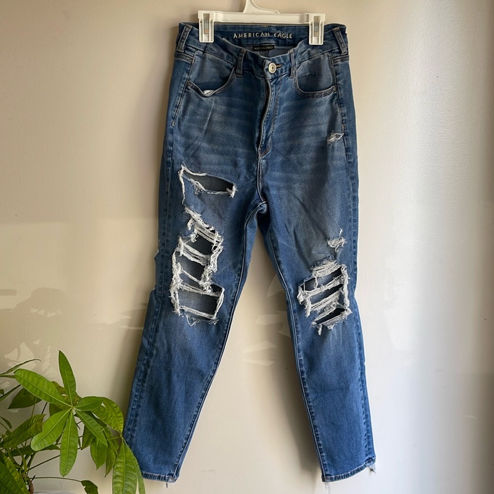 American Eagle 12 Short Ripped Skinny Jeans Medium Dark Wash High Waisted